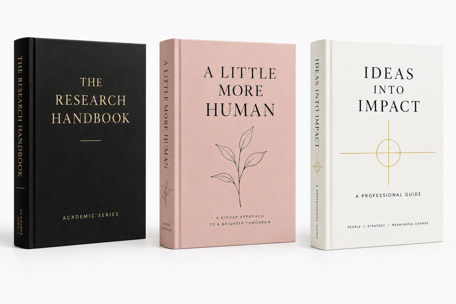 Sample book cover concepts: The Research Handbook, A Little More Human, and Ideas Into Impact