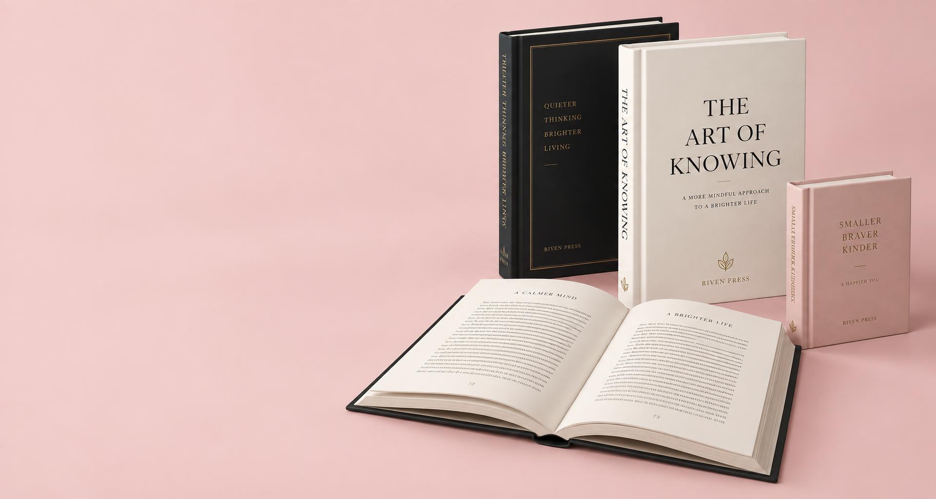 Premium pink, gold, black, and white book designs with an open, professionally typeset book